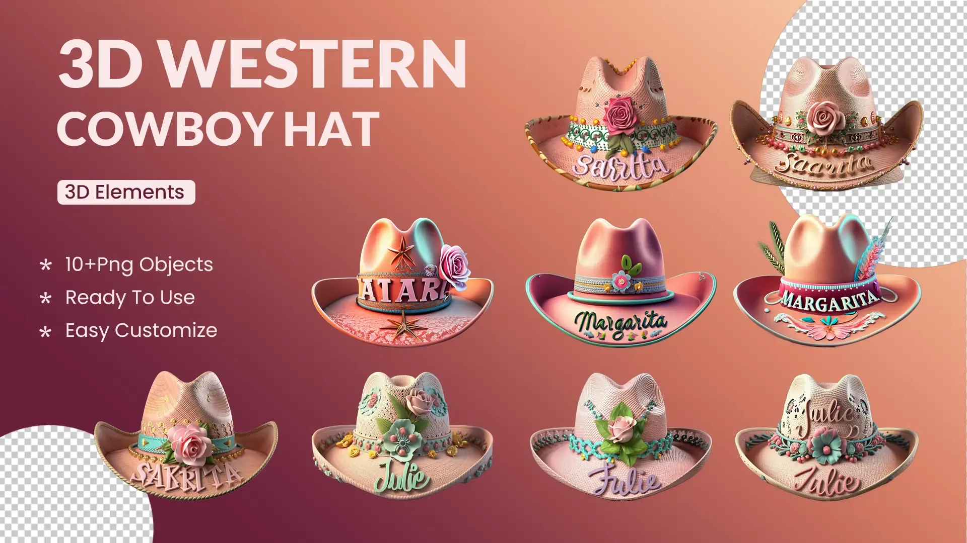 Decorative Western Cowboy Hats 3D Pack